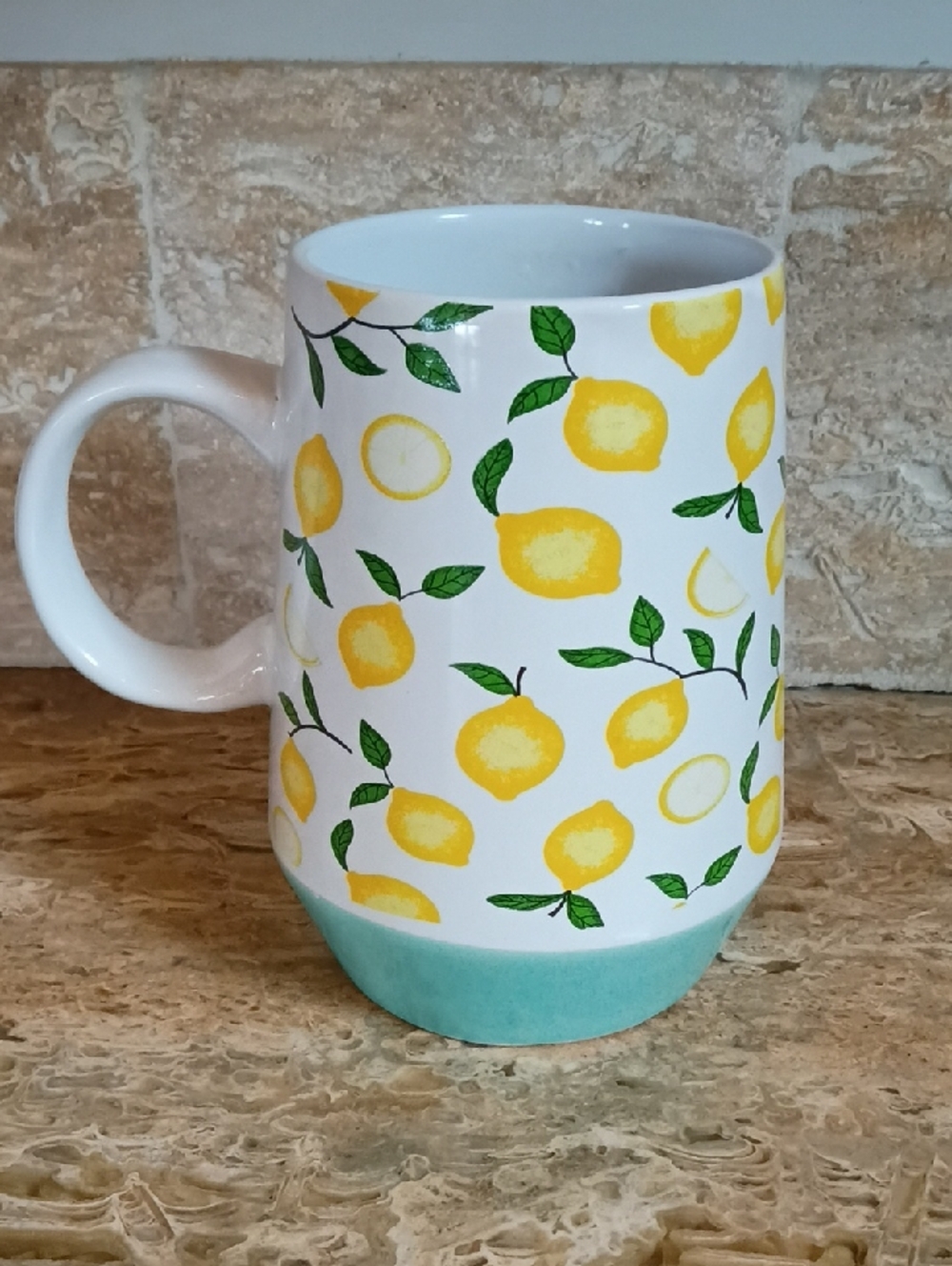 Yellow Lemon Pattern Ceramic Mug with Mint Base By Boston Warehouse Trading